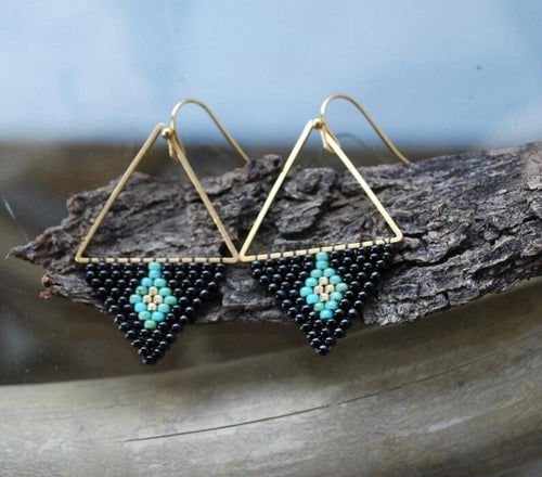 Black, Turquoise, and Gold Geometric Earrings